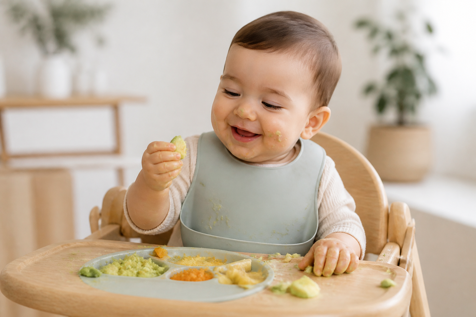 Happy baby exploring soft foods during feeding therapy while seated in a high chair.