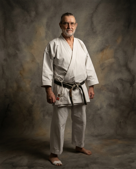 Un homme âgé en kimono de judo avec une ceinture noire, debout contre un fond neutre.