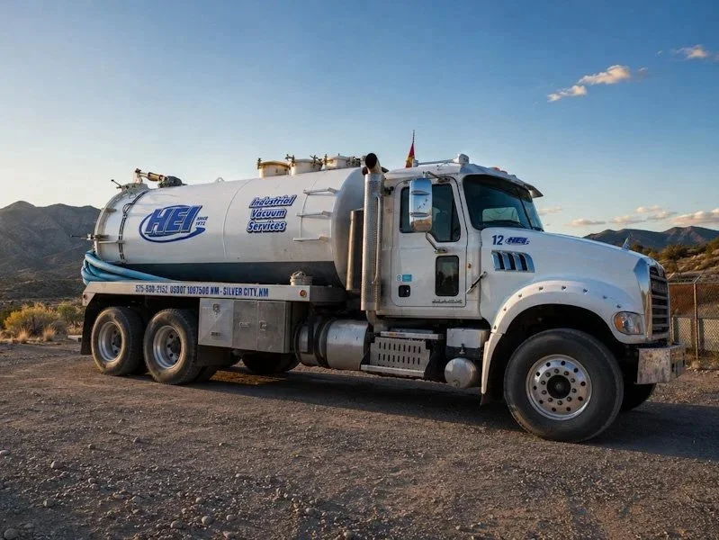 A white vacuum truck with blue text and logo, parked on a dirt road with mountains in the background under a partly cloudy sky.