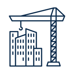 Line drawing of a construction site with a tower crane and multiple buildings under construction.
