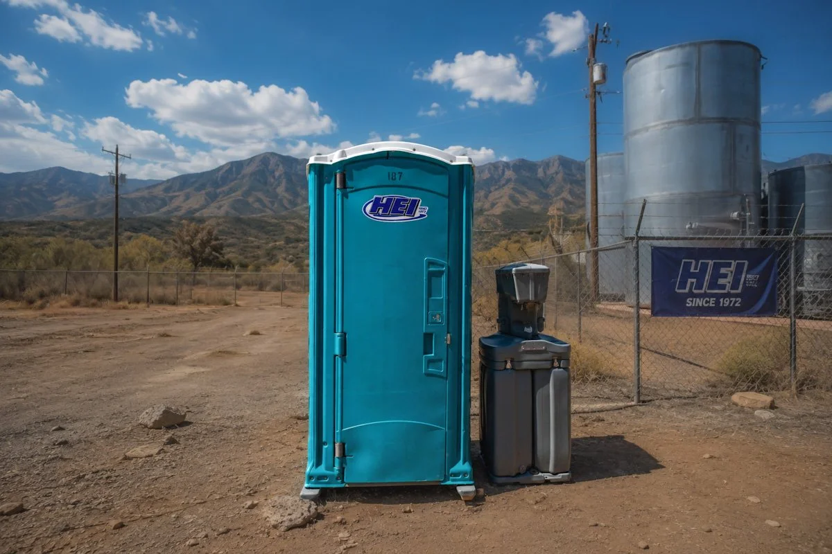 Portable toilet next to a trash can in a remote outdoor area with mountains in the background and a chain-link fence with a HEL banner.