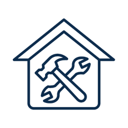 Icon of a house with a hammer and wrench crossed inside, representing home repair or maintenance