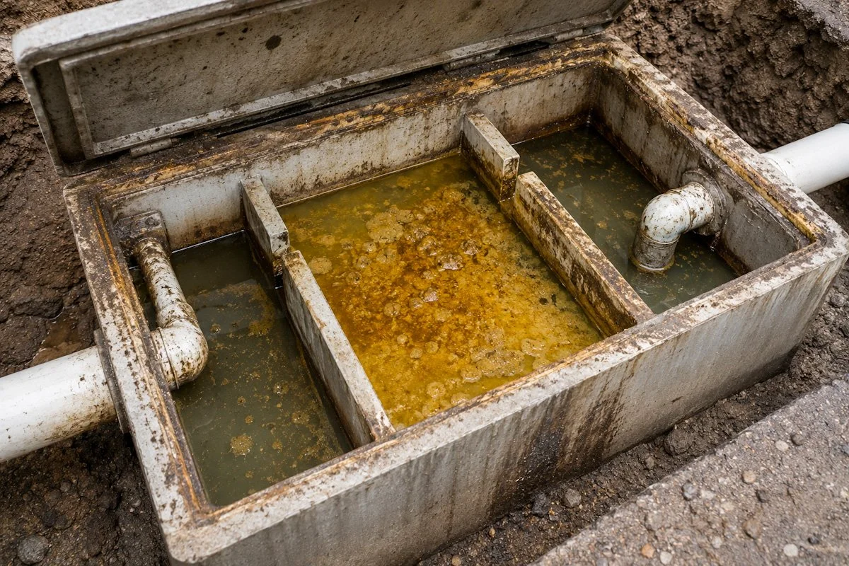 A dirty, corroded grease trap with two pipes connected, one on each side, and water with algae and sediment accumulated inside.