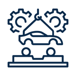 An illustration of a car on a lift with gears in the background, representing automotive repair or maintenance.