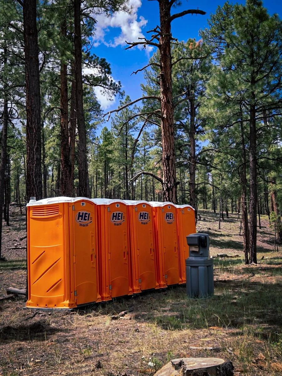 Four orange portable toilets labeled HEI in a forest clearing, next to a gray trash can and a tree stump, with tall pine trees and a blue sky with white clouds in the background.