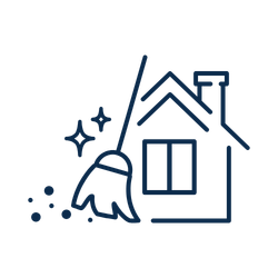 Illustration of a cleaning brush and sparkling stars next to a house, representing cleaning or house maintenance.