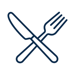 Outline of a knife and fork crossed over each other.