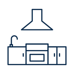 Kitchen illustration with a range hood, sink, oven, and cabinets.