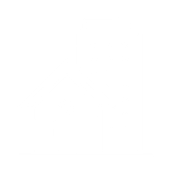 A line drawing of a house next to a tall building on a black background.