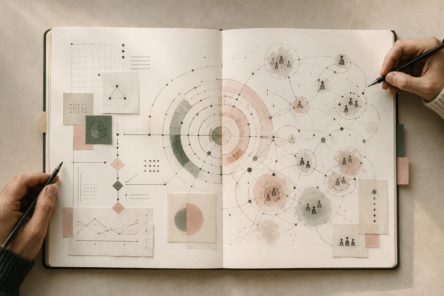 Open notebook with abstract diagrams, charts, and network illustrations, with two hands holding pens writing in the notebook.