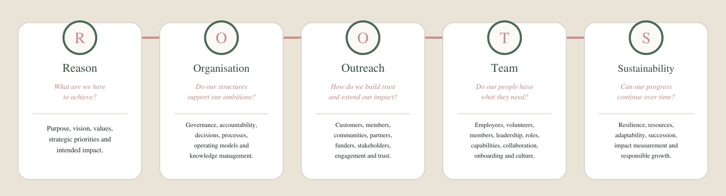 A digital infographic displaying a five-step framework with sections titled Reason, Organisation, Outreach, Team, and Sustainability. Each section contains a question and a brief description about the topic.