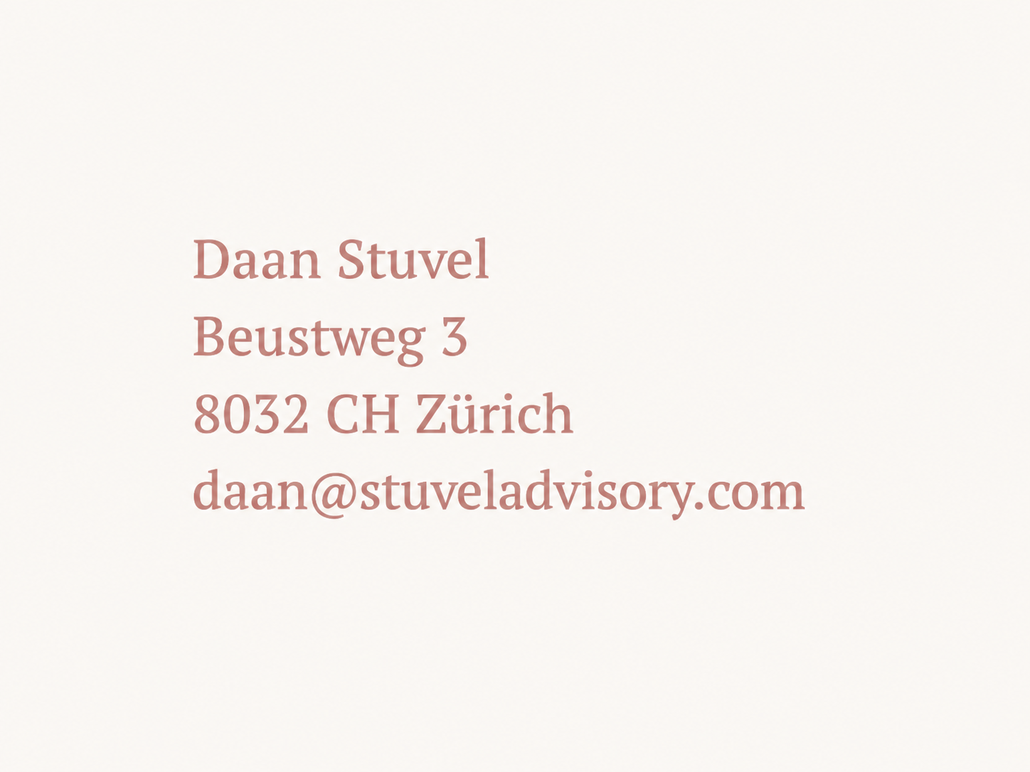 Text with contact details including name, address, email, and location in Zurich.