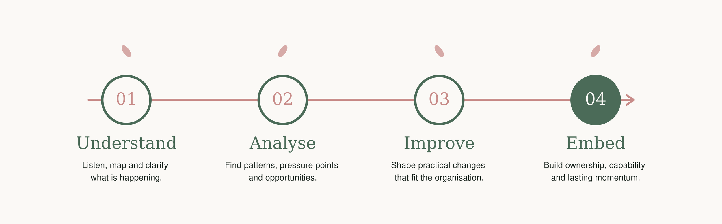 A four-step process diagram with steps labeled 01 to 04, titled 'Understand,' 'Analyse,' 'Improve,' and 'Embed.' Each step has a brief description: 'Listen, map and clarify what is happening,' 'Find patterns, pressure points and opportunities,' 'Shape practical changes that fit the organisation,' and 'Build ownership, capability and lasting momentum.' The design features a horizontal line connecting the steps and decorative elements resembling leaves.