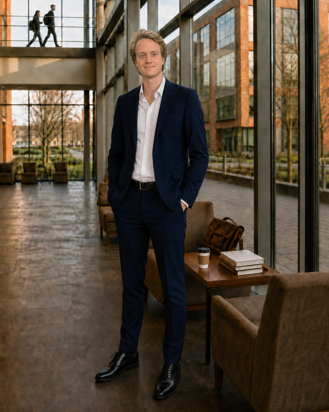 A young man in a navy suit and white shirt standing indoors with large glass windows behind him, with an urban outdoor scene visible through the windows, including trees and a modern office building, with a small seating area, books, and a coffee cup on a wooden table.