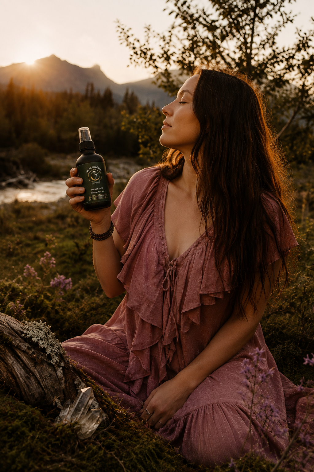 A woman sitting outdoors in nature during sunset, holding a small spray bottle with a forest-themed label, wearing a pink dress with ruffles, surrounded by greenery and mountains in the background.
