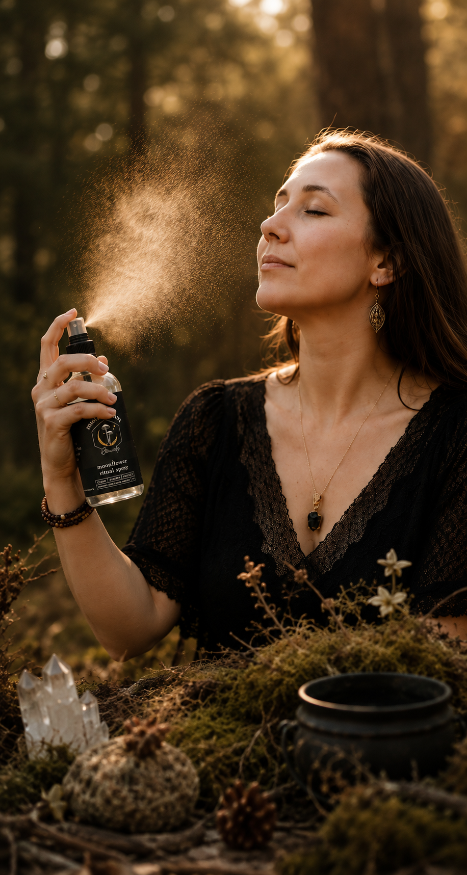 A woman outdoors in a forest at sunset is spraying a mist from a small spray bottle labeled 'moonflower ritual spray' toward her face. She has closed eyes, long brown hair, and is wearing a black lace top, a necklace with a black stone, and earrings. In front of her on the ground are crystals, moss, flowers, and a black cauldron.