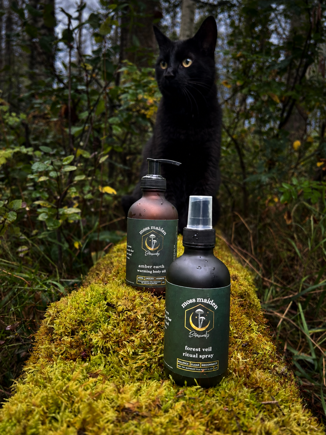 A black cat sitting on moss-covered ground in a forest, next to two bottles labeled 'Moss Maiden,' one for amber earth warming body oil and the other for forest veil ritual spray.