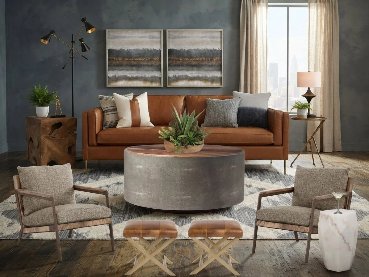 A modern living room with a brown leather sofa, two patterned throw pillows, a round concrete coffee table with a plant, two upholstered chairs, and a large window with city view. There are abstract wall art, a floor lamp, and side tables with plants.