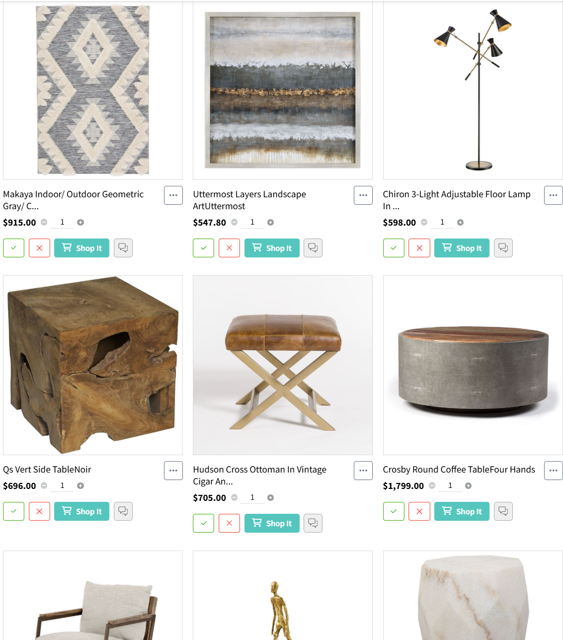 Collection of home decor furniture and art including geometric rug, landscape painting, adjustable floor lamp, side table, ottoman, coffee table, armchair, decorative sculpture, and marble stool.