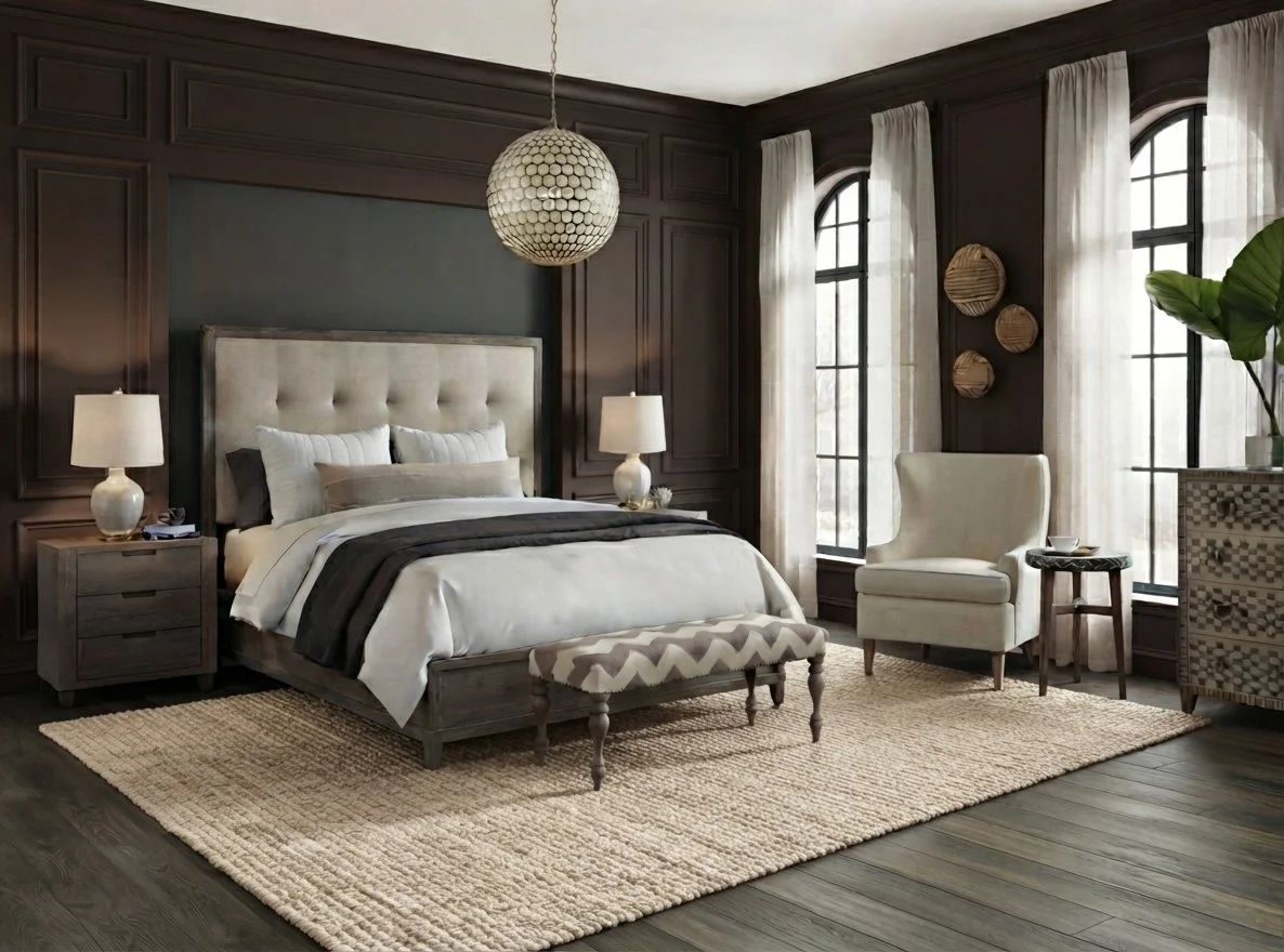 Bedroom with dark wood paneled walls, a large beige upholstered bed with multiple pillows, two nightstands with lamps, a beige upholstered armchair, a small side table, a patterned bench at the foot of the bed, a large area rug, and a large window with white curtains, a potted plant, and decorative wall baskets.