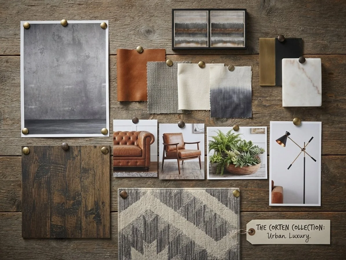 Interior decor mood board with fabric swatches, room photos, and material samples on a wooden background