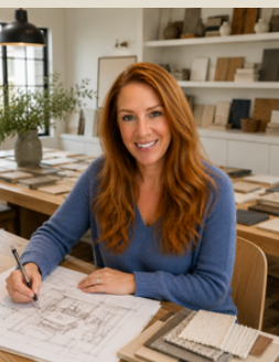 A woman with red hair, wearing a blue sweater, sitting at a desk with architectural drawings and sketches, in a bright room with shelves of books and plants.