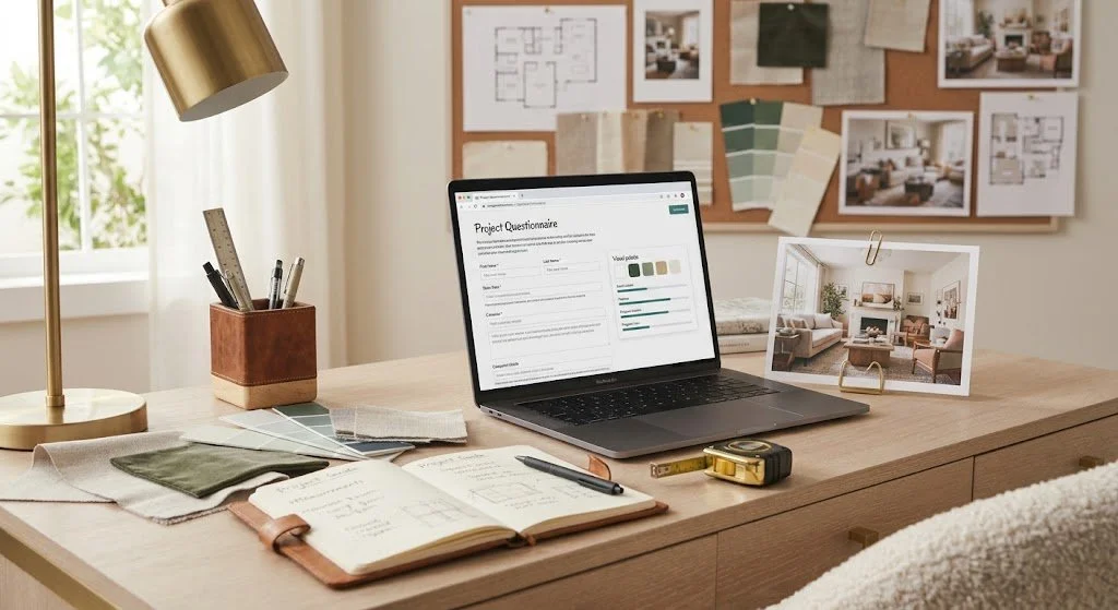 A well-organized desk with a laptop displaying a project questionnaire, a framed interior design photo, a notebook, a pen, color swatches, paint samples, a ruler, a tape measure, a desk lamp, and a bulletin board with pinned papers and photos.