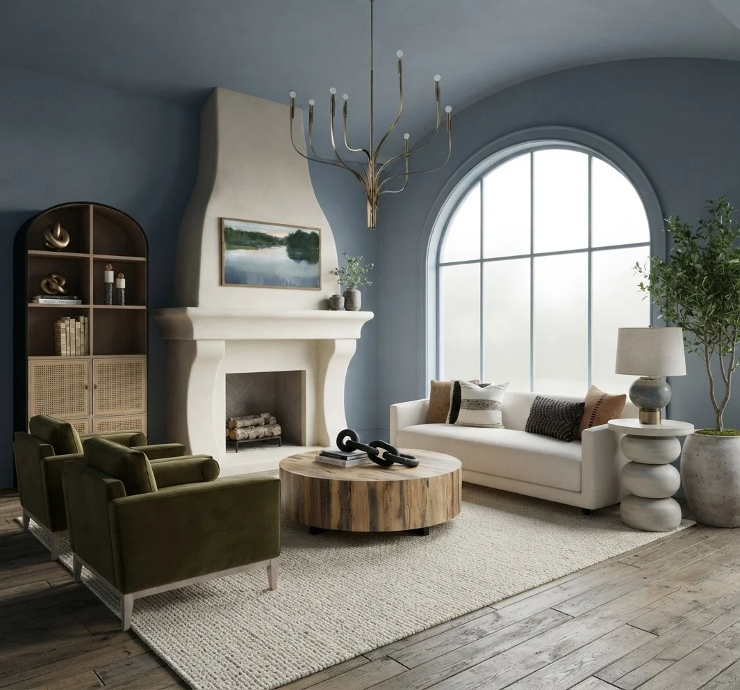 Living room with a large arched window, a white sofa, two green armchairs, a round wooden coffee table, a fireplace with a painting above, a tall black bookshelf, a modern chandelier, a table lamp, and a large potted plant.
