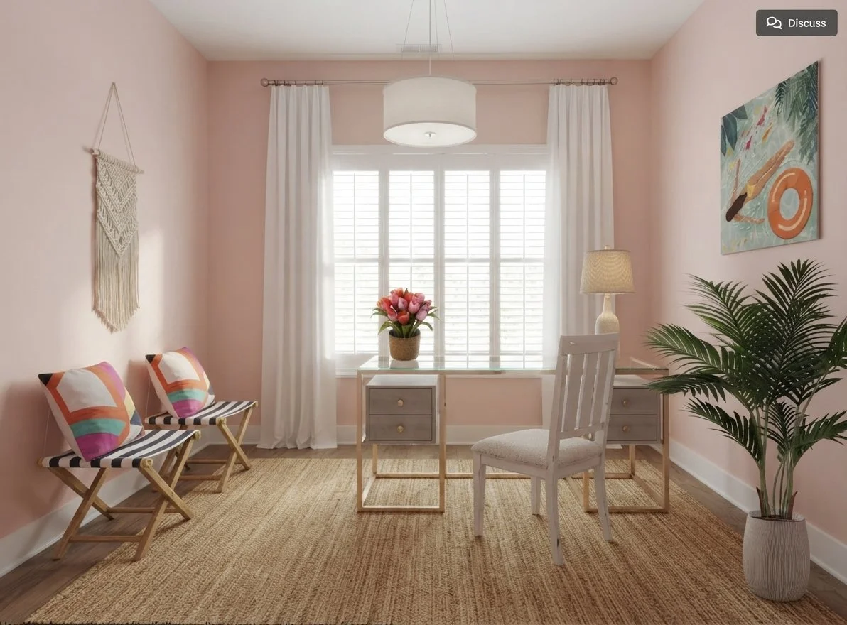 A cozy, bright room with pink walls, white curtains, a window with white shutters, and a ceiling light. The room features a small desk with a potted flower, a white chair, a table lamp, a large green plant, two small benches with colorful pillows, and wall art with a fork, knife, and plate.