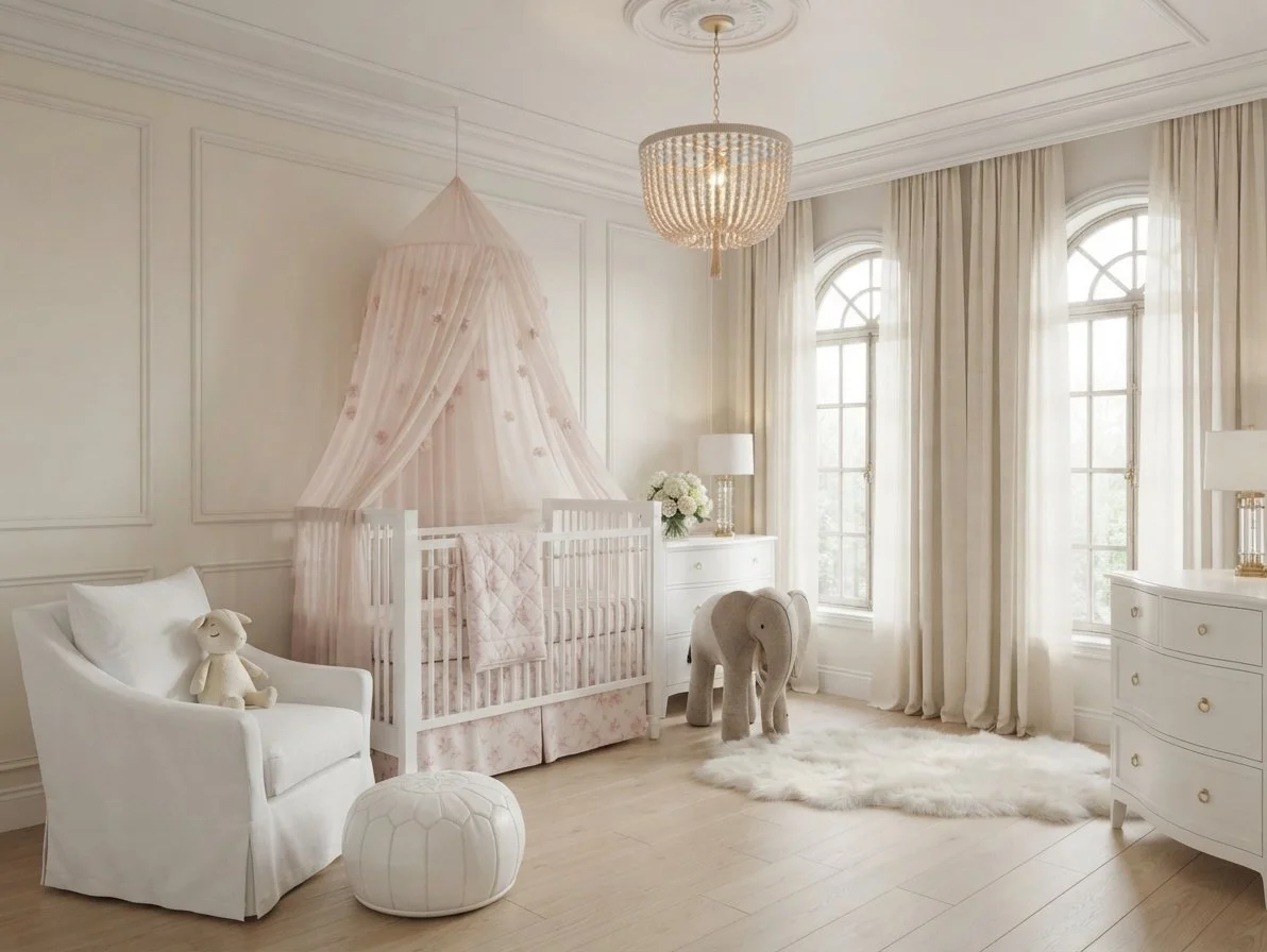 A nursery with white walls, beige curtains, and a chandelier. It contains a white crib with a pink canopy, a white armchair with a stuffed bunny, a white ottoman, a gray elephant-shaped plush toy, a fluffy white rug, two white dressers with lamps, and a bouquet of white flowers.