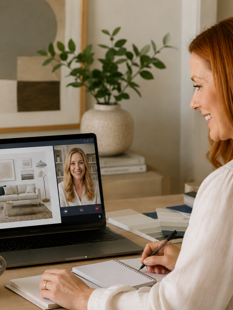 A woman with red hair is on a video call on her laptop, sitting at a wooden desk with design samples and a notepad, smiling as she looks at the screen showing another woman in a move-in interior decor.