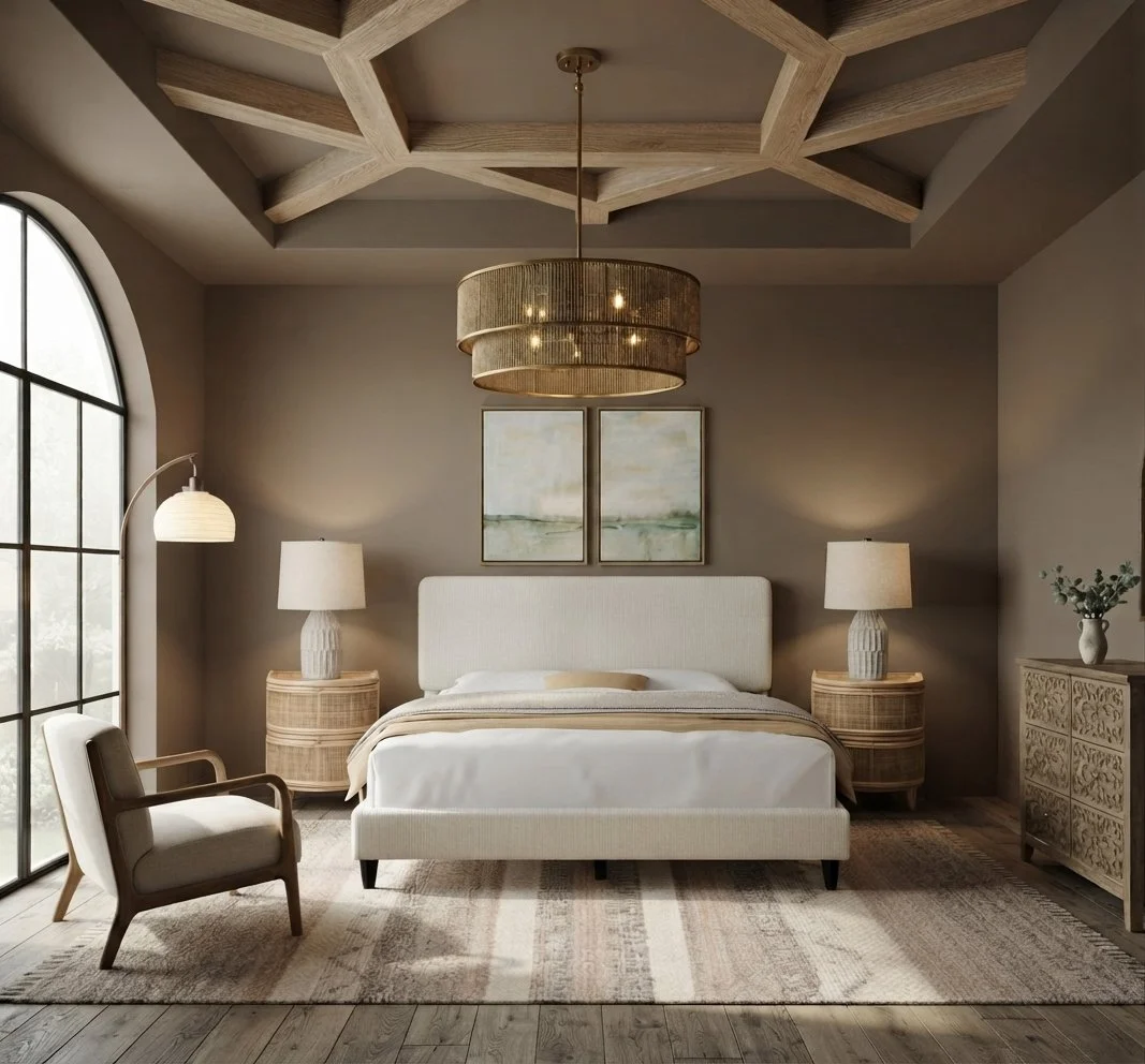 A bedroom with a white bed, two wooden nightstands with lamps, a beige armchair, a rug, and a large window with an arched top. There is a chandelier on the ceiling and two abstract paintings above the bed.