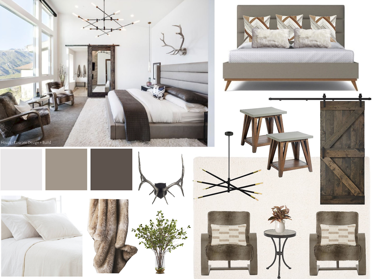 A modern bedroom with neutral tones, large windows, and mountain views. Furniture includes a gray bed, a seating area with chairs, and various decor items like a chandelier, antler wall art, and a sliding barn door.