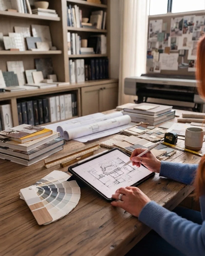 A person working on architectural drawings on a tablet surrounded by design materials in a craftsman-style workspace.