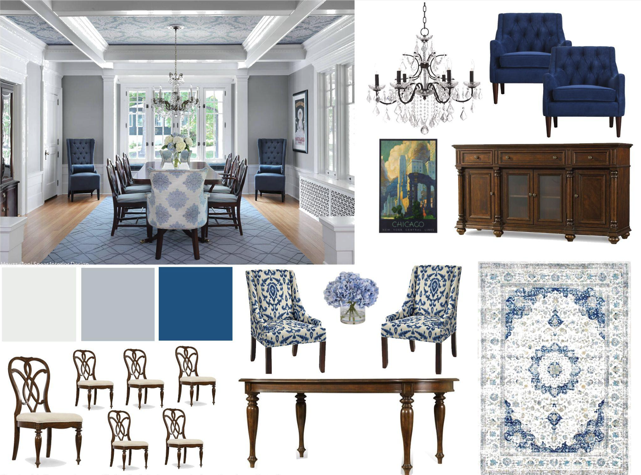 Interior design mood board for a dining room with classic and vintage furniture in shades of blue, cream, and brown. Features a formal dining room with a chandelier, blue upholstered chairs, a wooden sideboard, patterned accent chairs, a wooden table, a vintage rug, and decor items including artwork and a floral arrangement.