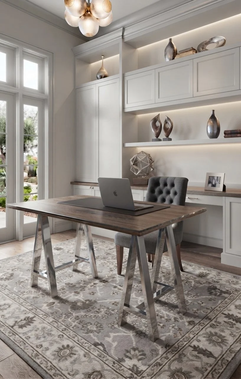 A home office with a wooden desk, a laptop, a gray tufted chair, a patterned area rug, built-in white shelves with decorative vases and books, and large windows showing a garden outside.