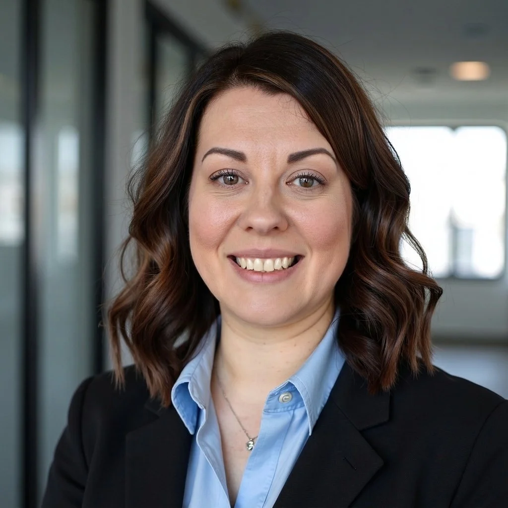 Professional woman with shoulder-length brown hair styled in loose waves, wearing a black blazer and light blue collared shirt, smiling in an office environment.