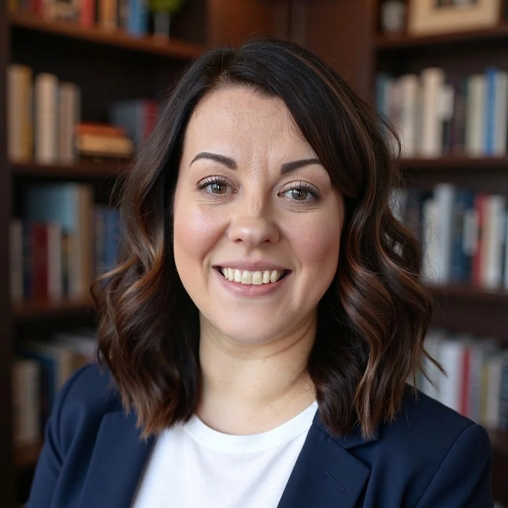 A woman with shoulder-length wavy brown hair, light skin, and wearing a navy blazer and white shirt, smiling in front of a bookshelf filled with books.