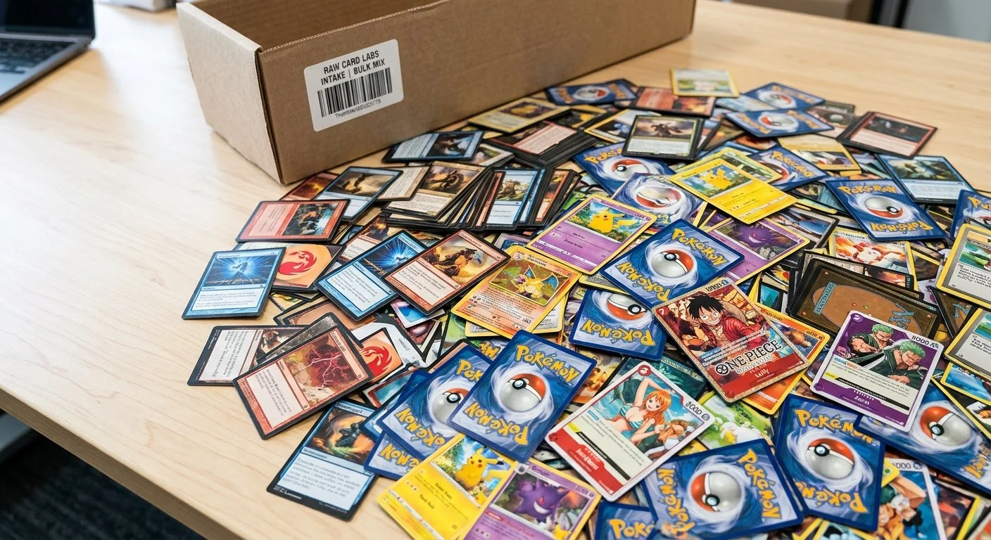 A large assortment of Pokémon trading cards scattered on a light wood table, with a partially opened cardboard box labeled "RAW CARD LABS, INTAKE, BULK MIX" nearby.