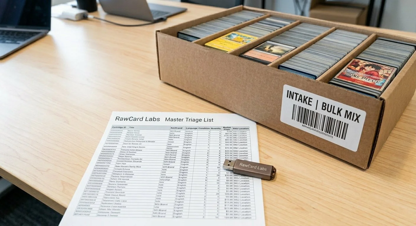 A cardboard box labeled 'Intake | Bulk Mix' contains trading cards organized in dividers on a wooden table. A master triage list sheet and a USB drive labeled 'RawCard Labs' are also on the table.
