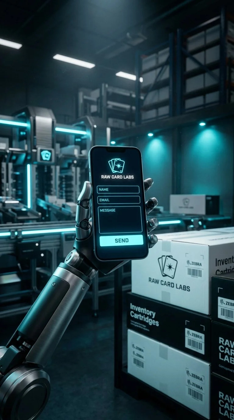 A robotic arm holding a smartphone with a form on the screen, in a warehouse with boxes labeled 'RAW CARD LABS' and 'Inventory Cartridges,' illuminated by blue LED lighting.