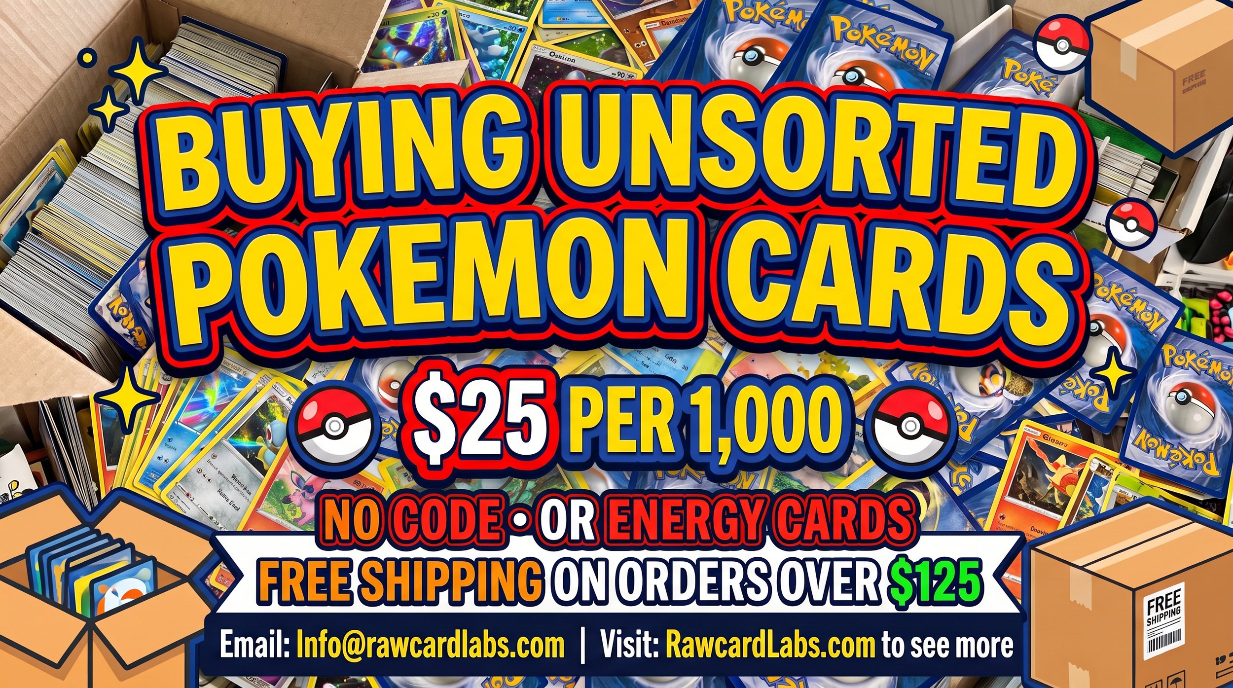 A large box filled with Pokémon trading cards and booster packs, with bright, colorful lettering overlaying the image that advertises buying unopened Pokémon cards at $25 per 1,000 cards, with free shipping on orders over $125.