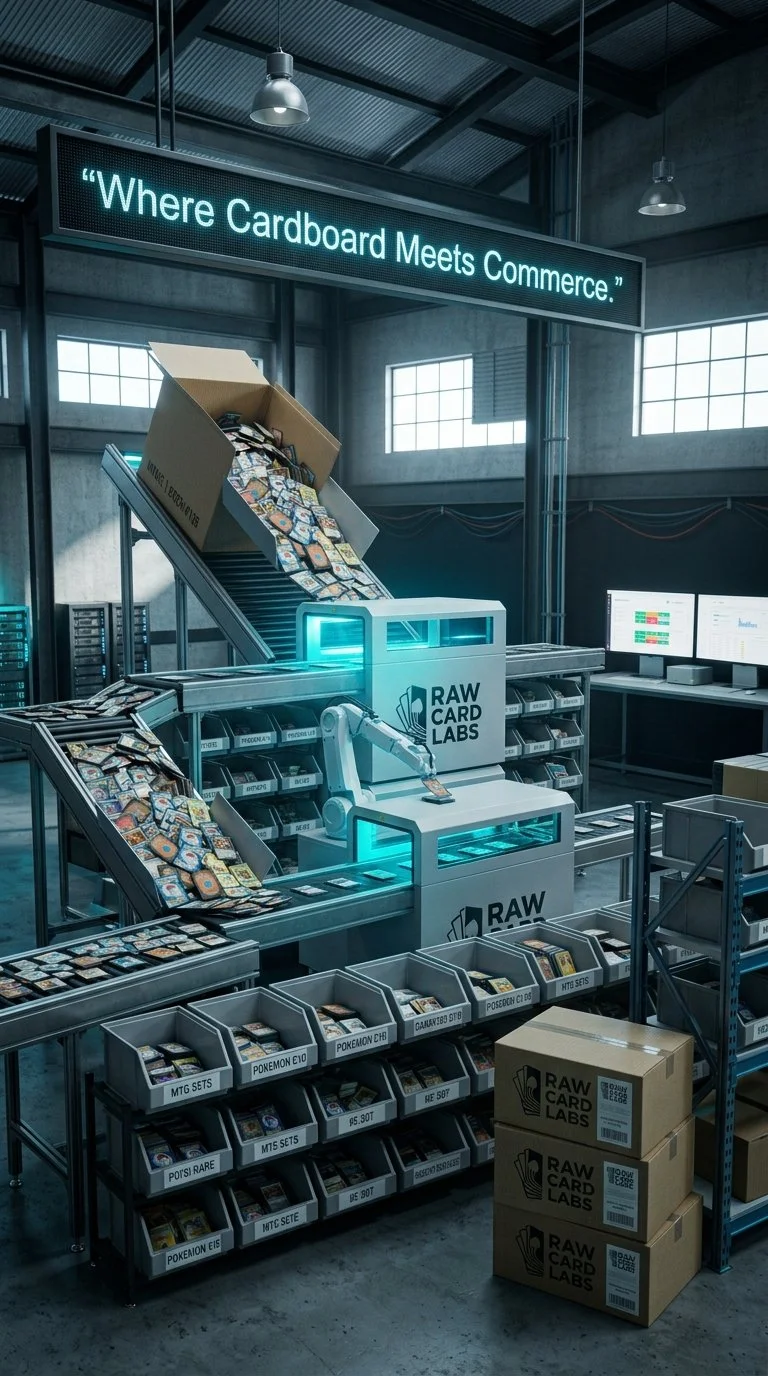Industrial workspace with conveyor belts and robotic arm sorting Pokémon game cards at Raw Card Labs, with digital screens displaying data and a digital sign reading 'Where Cardboard Meets Commerce'.