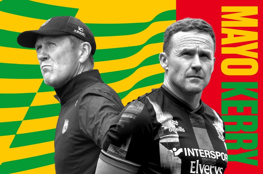Black-and-white photo of two men, one in sports attire, standing against a vibrant background with yellow and green stripes and red accent, with the right side reading "MAYO KERRY" in large yellow and green text.
