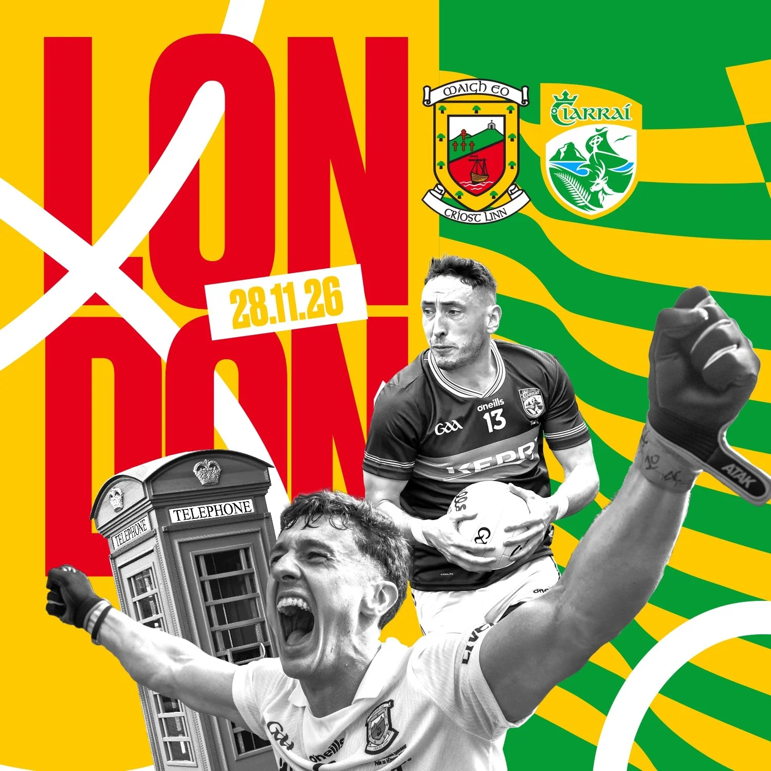 A promotional graphic featuring Irish sports and culture with a yellow and green background. It includes a black and white photo of a male Gaelic football player in a celebrating pose, a vintage telephone booth, and a handshake. The text indicates an event on November 26, 2028, with a large checkmark over the words 'VON'.