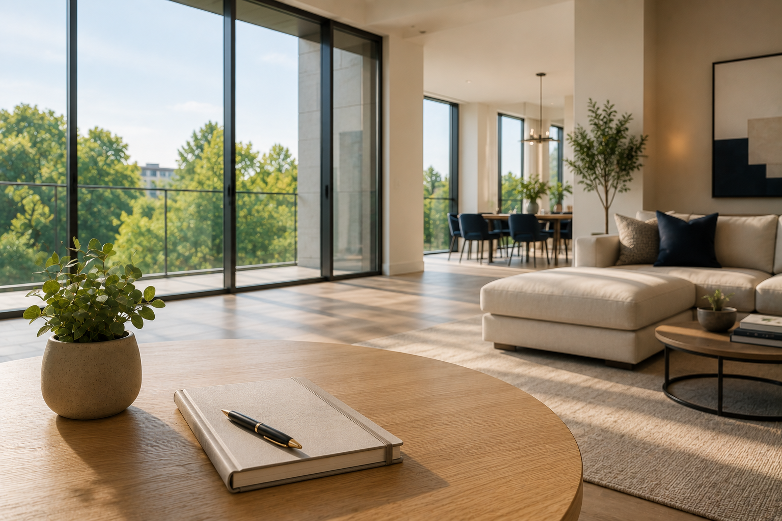 Modern living room with large floor-to-ceiling windows, beige sofa with throw pillows, round coffee table, potted plants, and a dining area in the background.