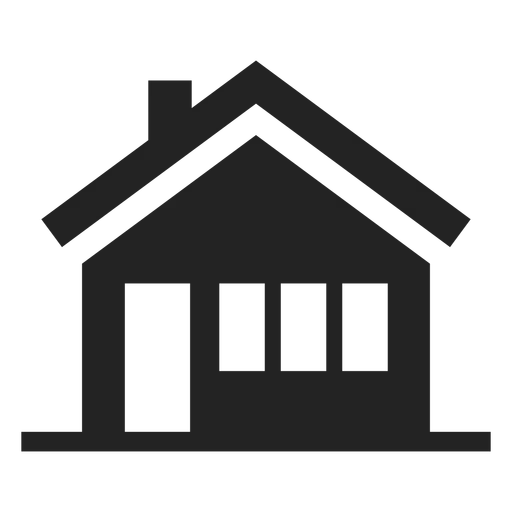 Black house icon with a pitched roof and three windows