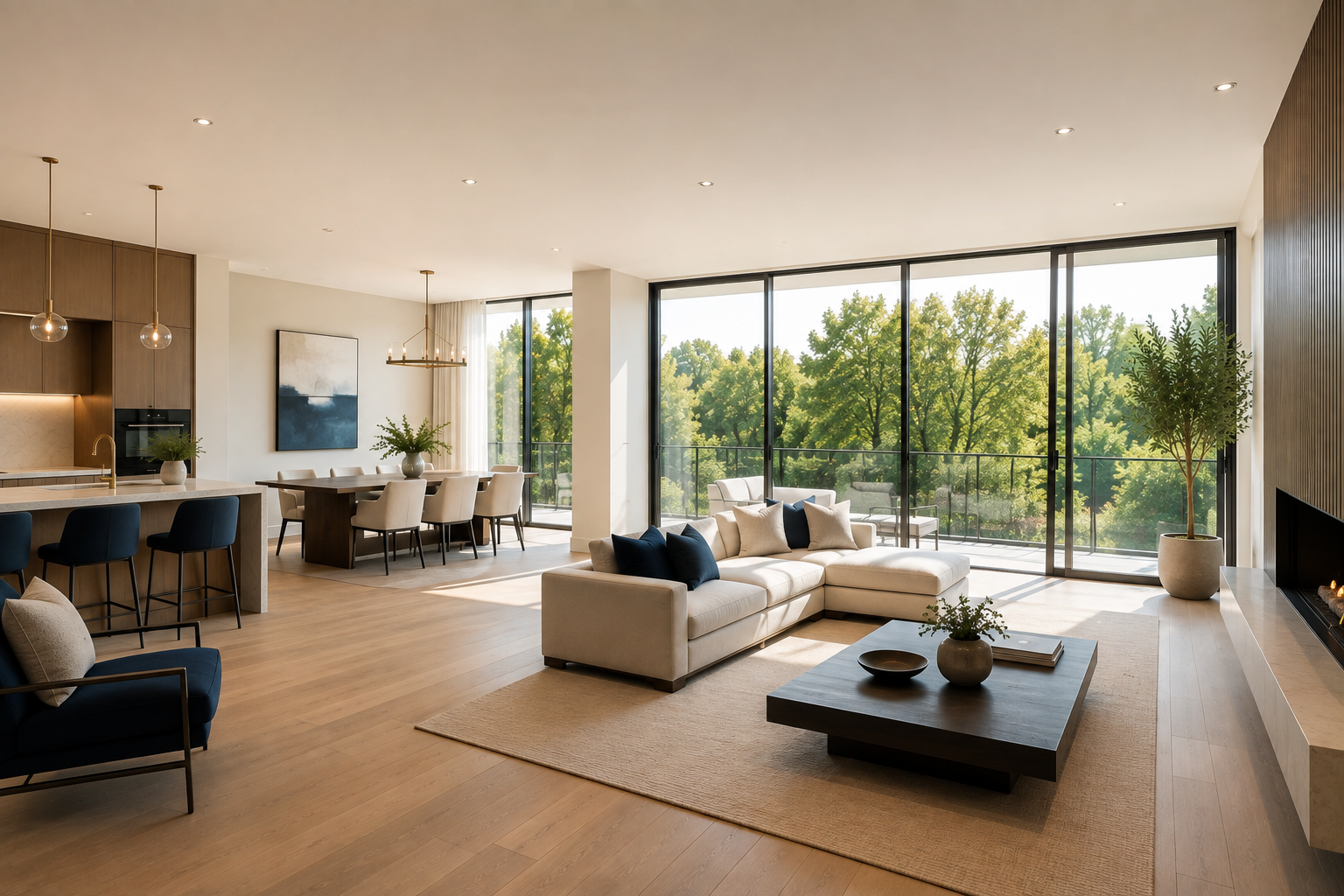 Bright, modern living room with large windows, white sectional sofa with navy and beige pillows, black coffee table, potted plants, and a view of green trees outside.