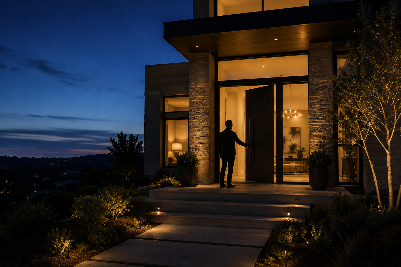 A man in a suit is opening the front door of a modern house at night. The house has large glass windows, potted plants outside, and interior lighting visible through the glass. The sky is dark blue with some clouds, and the house is surrounded by landscaped garden with pathway lights.