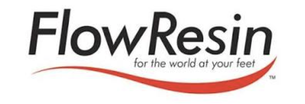 FlowResin logo with the tagline "for the world at your feet" and a red swoosh underneath.